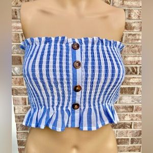 Nautical Blue & White Boho Smocked Cropped Tube Top
